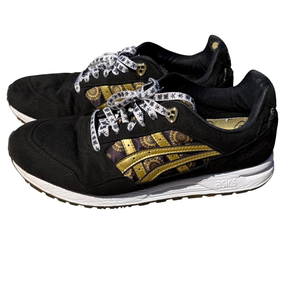 Rare Asics Tiger Gel Saga Mens 10 Black Gold Kanji Lace Mandala Sneakers Samurai